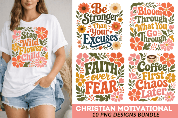 Christian Motivational Floral PNG Bundle: T-Shirt Designs